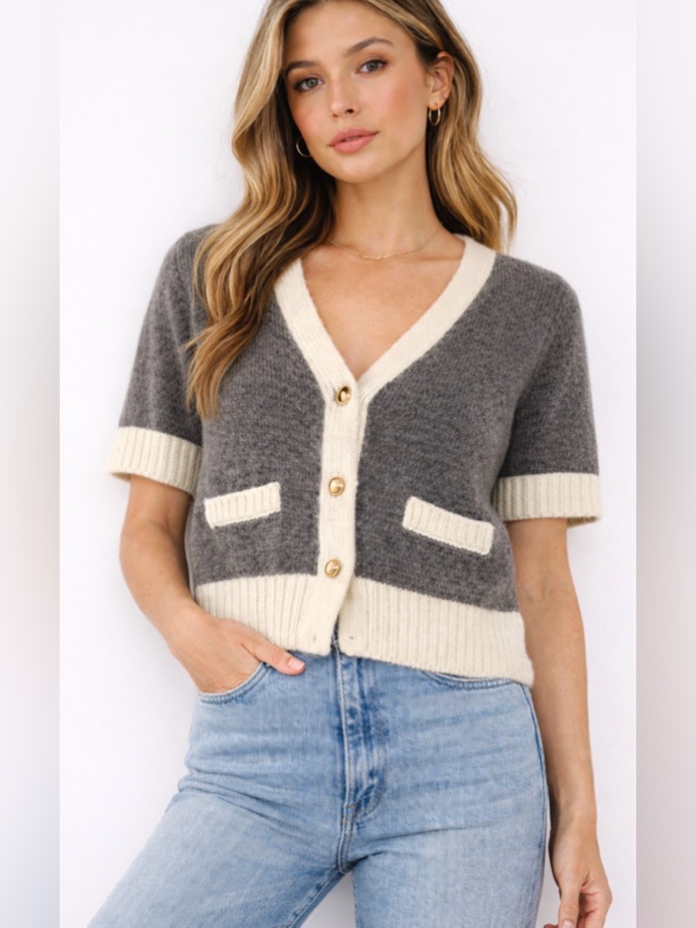 Zara Gray and Cream V-Neck Short Sleeve Cardigan